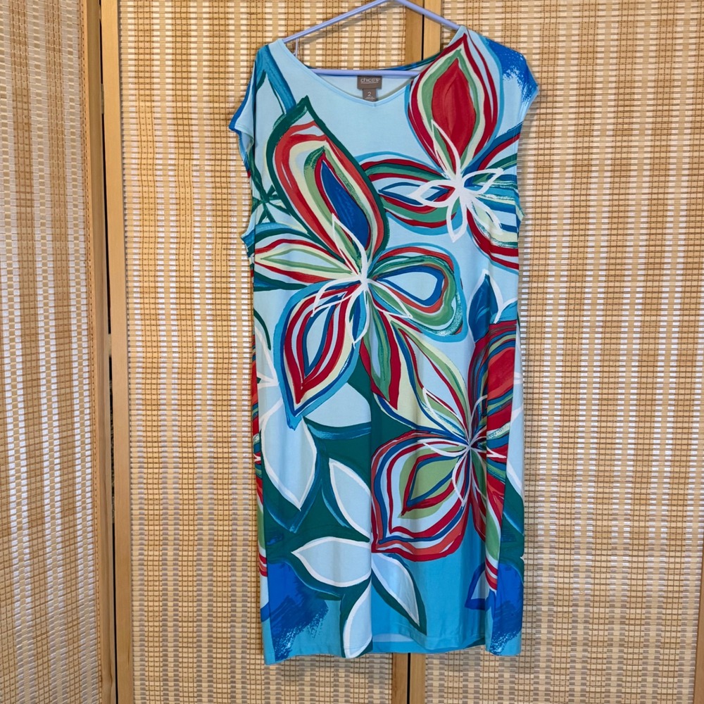 Chicos Floral V-Neck Sleeveless Shift Dress Blue Red Green Size 2 Large Bohemian